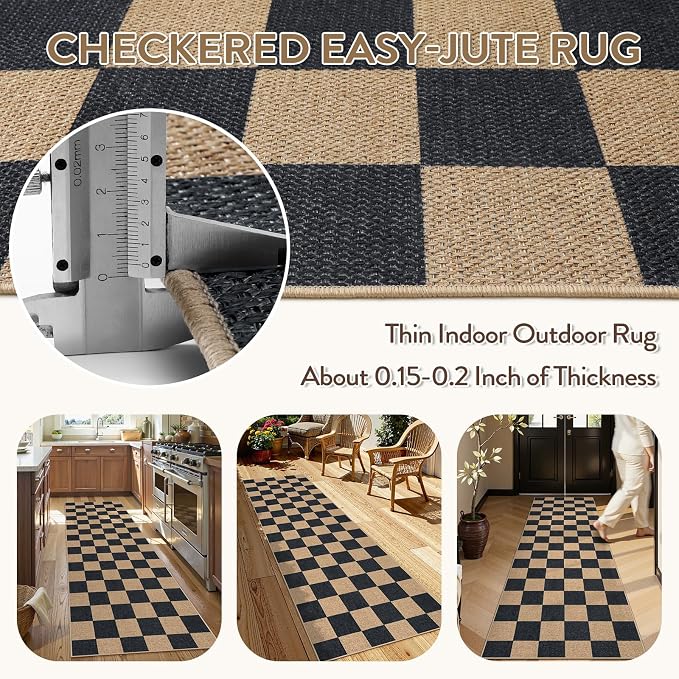 Lahome Checkered Easy Jute Kitchen Runner Rug, 2x8 Outdoor Rugs Washable | Non - Image 3