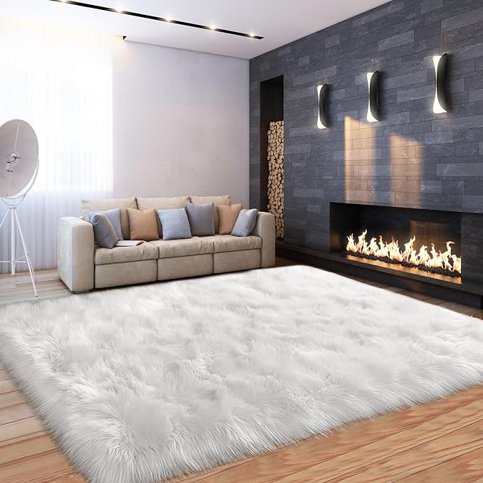 White Faux Fur Sheepskin Rug 6x9 Fuzzy Fur Rug Fluffy Carpet - Image 2