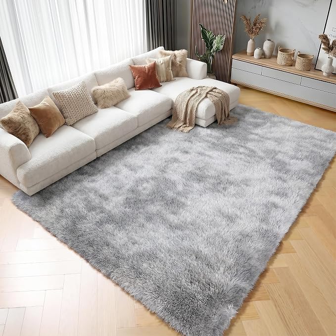 Area Rugs 9x12 Living Room, Tie-Dyed Light Grey Large Fluffy Bedroom Rug - Image 8