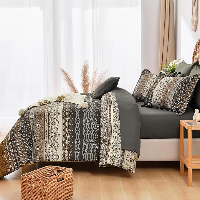 Cottolester Boho King Comforter Set 8 Pieces,Brown Black Bohemian Comforter Paisley Striped Bed in A Bag,Soft Microfiber Bedding Set for All Season