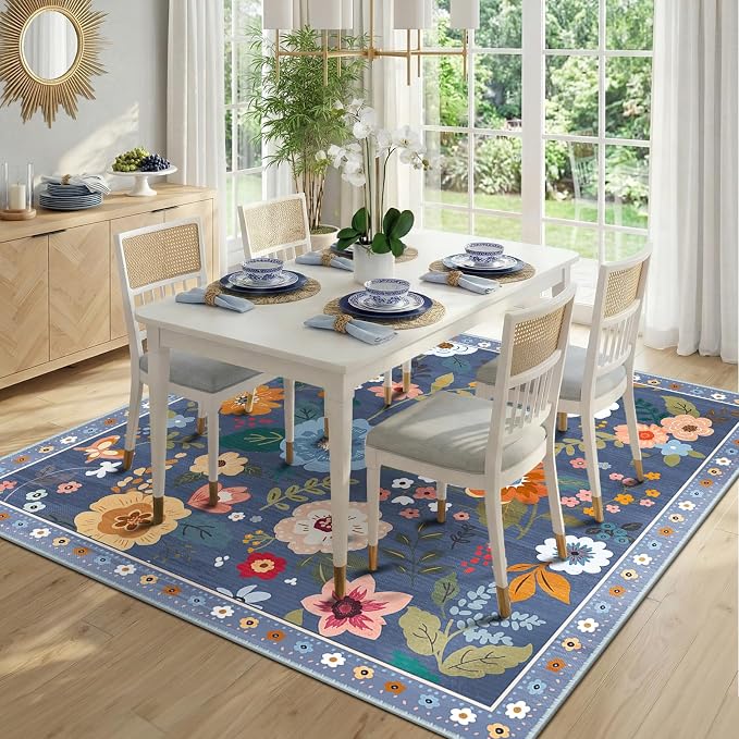 RELEANY Floral Washable Square 6ft Area Rug Blue/Grey | Flower Carpet Print - Image 2