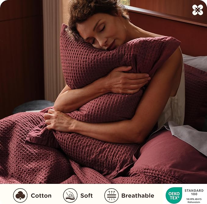 Bedsure Cotton Duvet Cover Queen - 100% Cotton Waffle Weave Maroon Red Duvet Cover Queen Size, GentleSoft™ and Breathable Bedding Set for All Season, 3 Pieces, 90"x90"