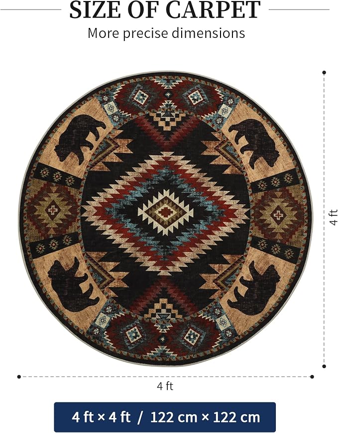 Southwestern Round Rug 4ft, Low Pile Soft Circle Rug - Image 2