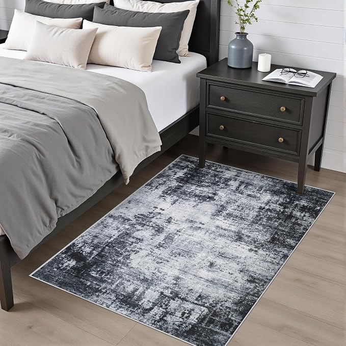 Area Rug Living Room: 3x5 Modern Washable Soft Carpet Dark Black | - Image 2