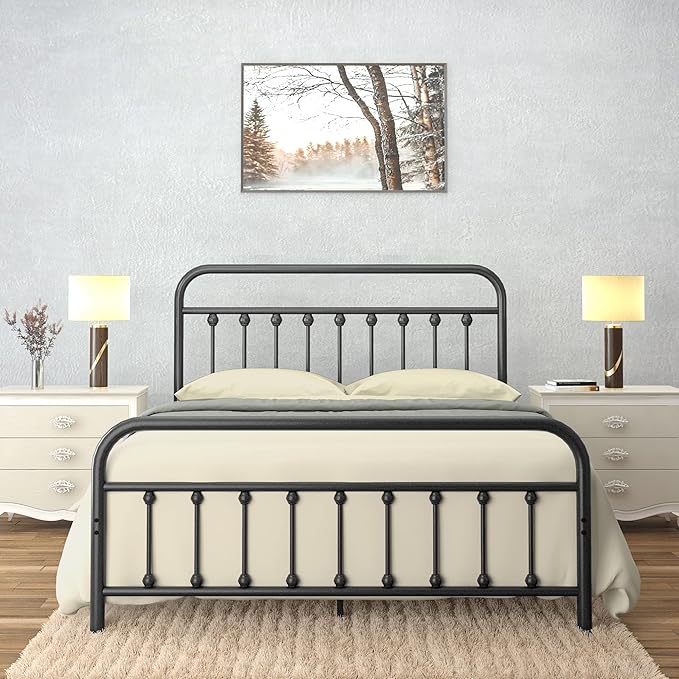 Golden Gate Beds Victorian Vintage Style King Size Metal Bed Frame with Wrought Iron Headboard and Footboard – Classic Platform Bed with 11" Storage Space, No Box Spring Required, Black Finish