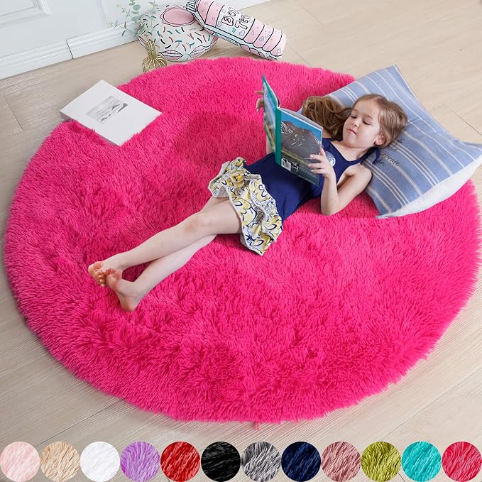 Amdrebio Hot Pink Fluffy Round Rug 4Ft by Amdrebio