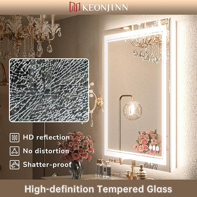 Keonjinn LED Bathroom Mirror 72" x 36" with Backlit and Frontlit, Tempered Glass Stepless 3 Colors Temperature & Dimmable Large Vanity Mirror, UL Listed LED Driver, Double Lights Anti-Fog Wall Mirror