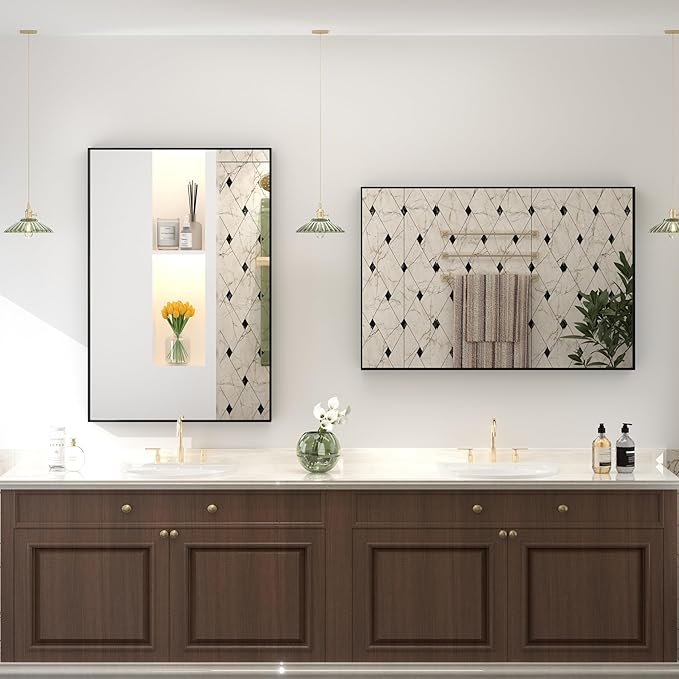 22x30 Inch Black Metal Framed Wall Mirror with Square Corner, Matte Black Rectangle Bathroom Vanity Mirror for Wall, Anti-Rust, Hangs Vertically or Horizontally