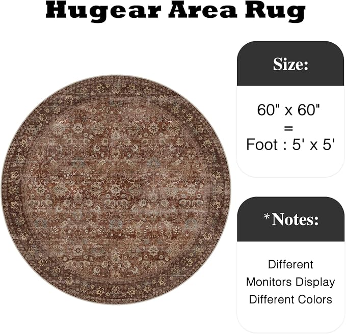 5ft Round Brick Red Vintage Floral Washable Rug - Image 2