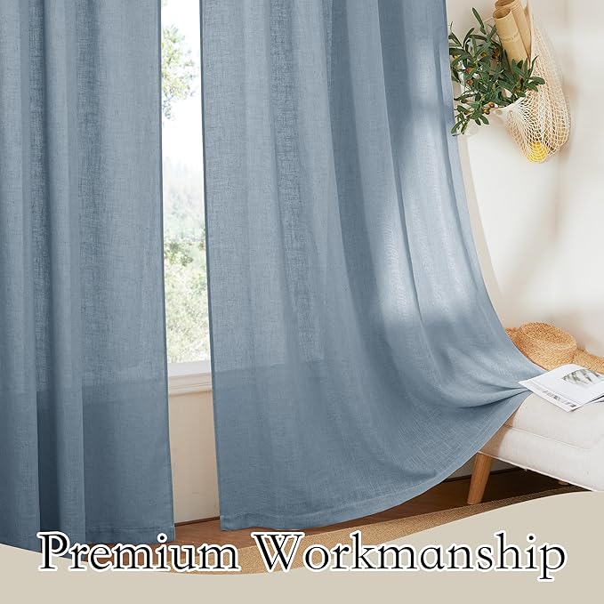 RYB HOME Elegant Semi Sheer Curtains for Nursery Kids Room, Linen Blended Burlap Fabric Light Filtering Breathable Bohemian Home Decor for Living Room Bedroom, Dusty Blue, W 100 x L 90, 1 Pc