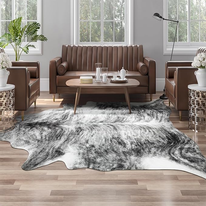 Western Faux Cowhide Rug, Animal Cow Hide Rug, 6.2 x 5.2 Ft Black | Premium by AROGANAREARUG