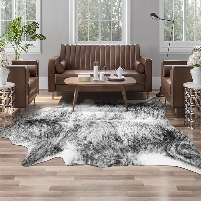 Western Faux Cowhide Rug, Animal Cow Hide Rug, 4.6 x 5.2 Ft Black | Premium by AROGANAREARUG
