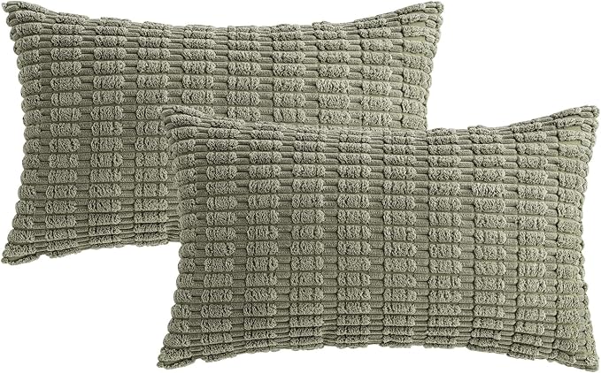 MIULEE Lumbar Corduroy Decorative Throw Pillow Covers 12x20 Light Olive | Green - Image 6