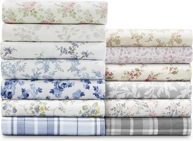 Laura Ashley - Flannel Sheets Twin Size, Anti-Pilling & Wrinkle Resistant Cotton, Touchably Soft for All-Season Comfort - Bed Sheets with Matching Pillowcase & Fitted Sheet (Victoria Beige)