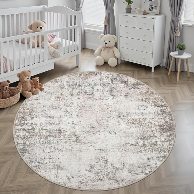 Round Area Rug Living Room: 5 ft Modern Washable Carpet Brown | - Image 3