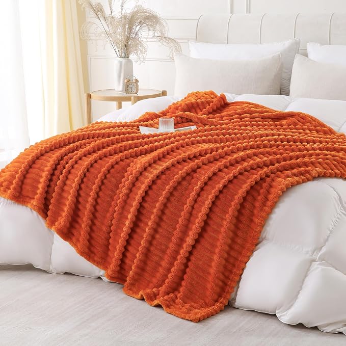 Orange Throw Blanket for Couch Sofa 60x80 inches Striped Design | Fleece - Image 5