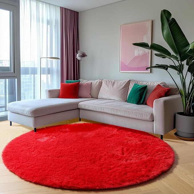 Red Round Rugs 5ft for Bedroom Living Room, Fluffy Circle Area Rug for Kids - Image 6