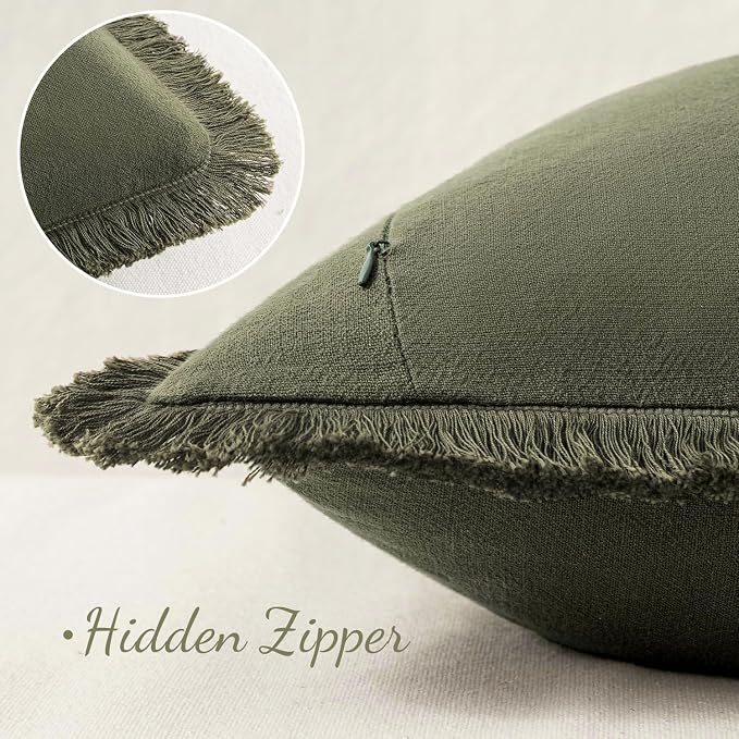 MIULEE Linen Fringe Decorative Euro Throw Pillow Covers Olive Green 28x28 | Set - Image 6