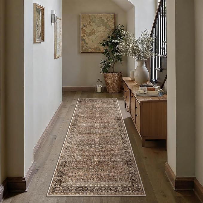 Schweek 2.6x8 Hallway Runner Rug Washable Vintage Neutral Runners Brown | Non - Image 3