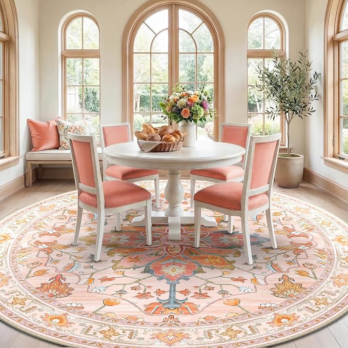 RELEANY Washable Area Rug, Round 8ft, Water Repellent, Pet Friendly, Vintage - Image 2