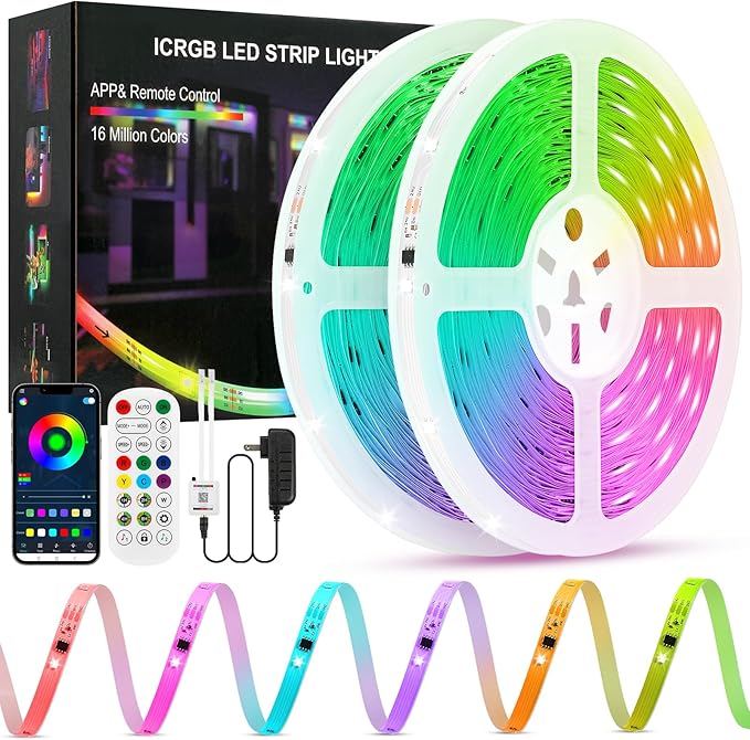 Led Lights for Bedroom, IC+RGB 130FT (2 Rolls of 65ft) Strip Lights, 24Key Remote with App Control, Music Sync Color Changing for Room Decor Party