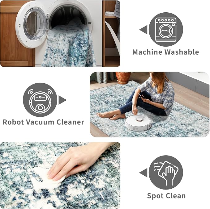 Machine Washable Runner Rugs 3x9 Modern Abstract Rug Ocean Mist | Stain & Spill - Image 5