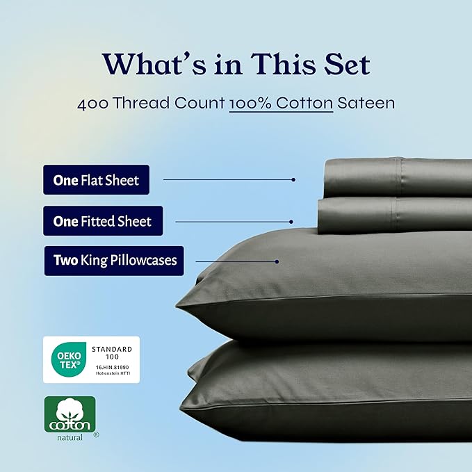 California Design Den King Size Sheet Set - Soft 400 Thread Count Sateen, Natural 100% Cotton Sheets, Deep Pockets with All-Around Elastic for a Snug Fit, Cool & Durable Bedding Set - Grey