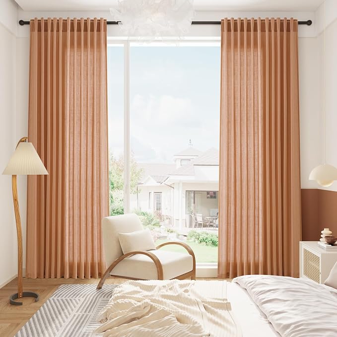 Peach Quartz Linen Curtains 108 Inch Length 2 Panel Set Back Tab Loop Pocket - Image 8