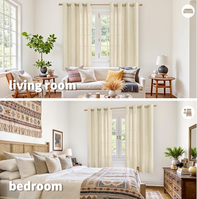 YoungsTex Warm Beige Linen Curtains 63 Inch Length 2 Panels, Light Filtering - Image 2