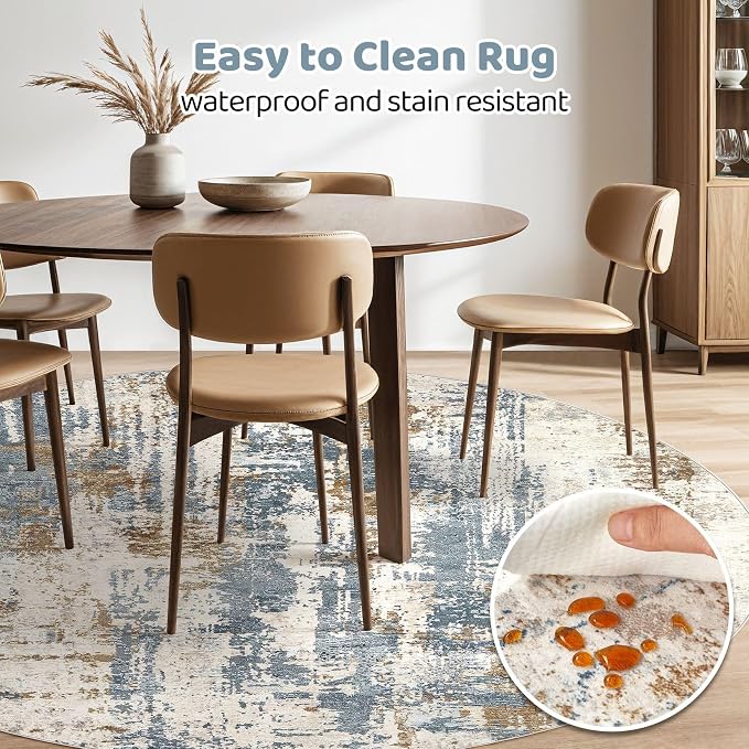 LOONGRUG Round Rug 7x7 Washable Large Neutral Modern Area Rugs Blue Tan | - Image 5