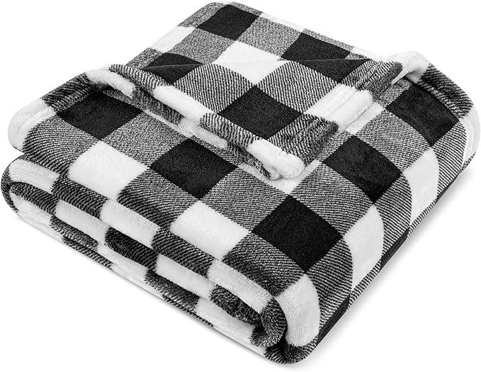 PAVILIA Black and White Buffalo Plaid Fleece Bed Blanket Queen Size, Soft Checkered Flannel Blanket for Sofa, Plaid Christmas Couch Throw Bed, Warm Cozy Decorative Blanket Fall Decor Gift, 90x90