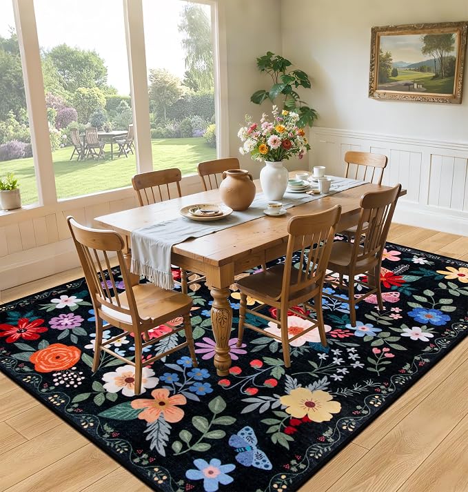 PLHXFR Area Rug Living Room: 4x6 Floral Washable Boho Soft Carpet Black | - Image 4