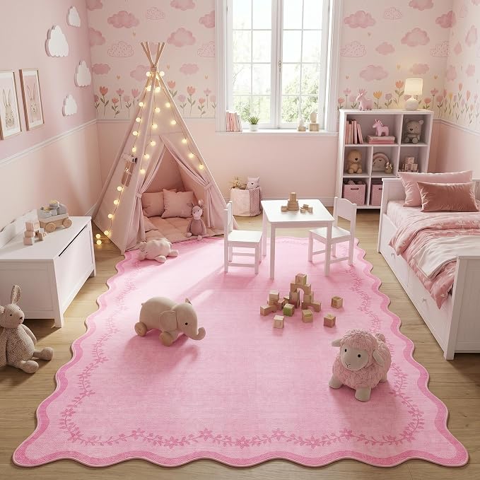 GarveeHome Scalloped Area Rugs 8x10 Large Pink Washable Living Room Rug | Soft - Image 3