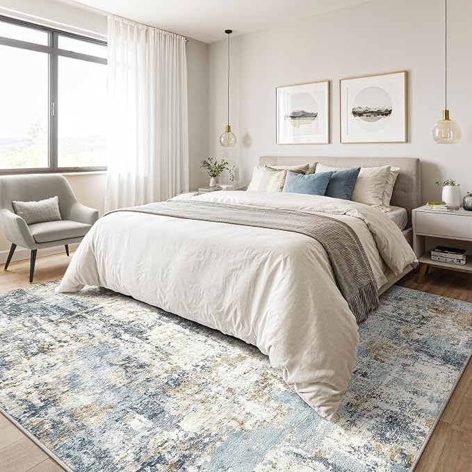 LOONGRUG 5x8 Area Rug Washable Neutral Modern Living Room Rugs Blue | Abstract - Image 4