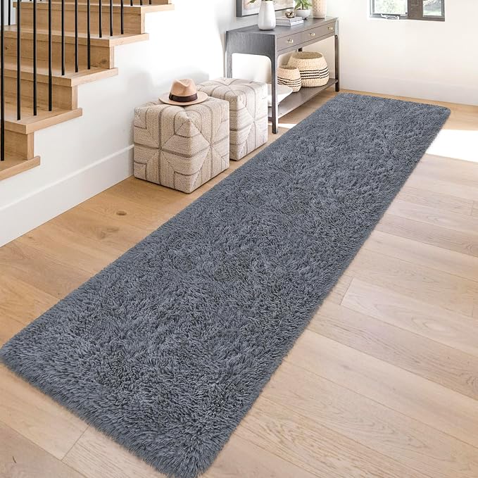 2x10 Bedside Area Rugs for Bedroom Soft Fluffy Shag Grey Rug for Hallway by JiaoBaba