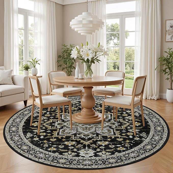 Round Area Rug for Living Room: 4ft Boho Washable Rug Black Gold | Vintage Boho - Image 3