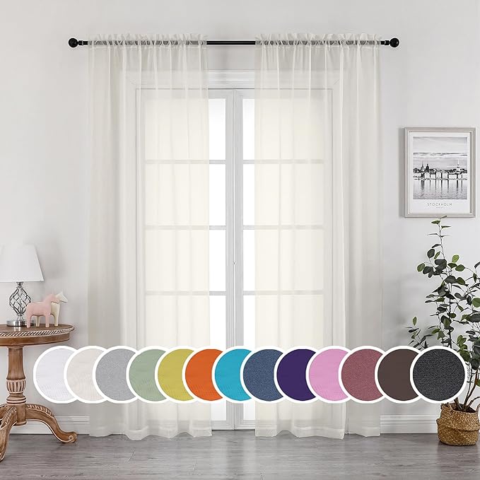 Sheer Curtains 63 inch Length, Ivory Sheer Cutains 2 Panels Set by OWENIE