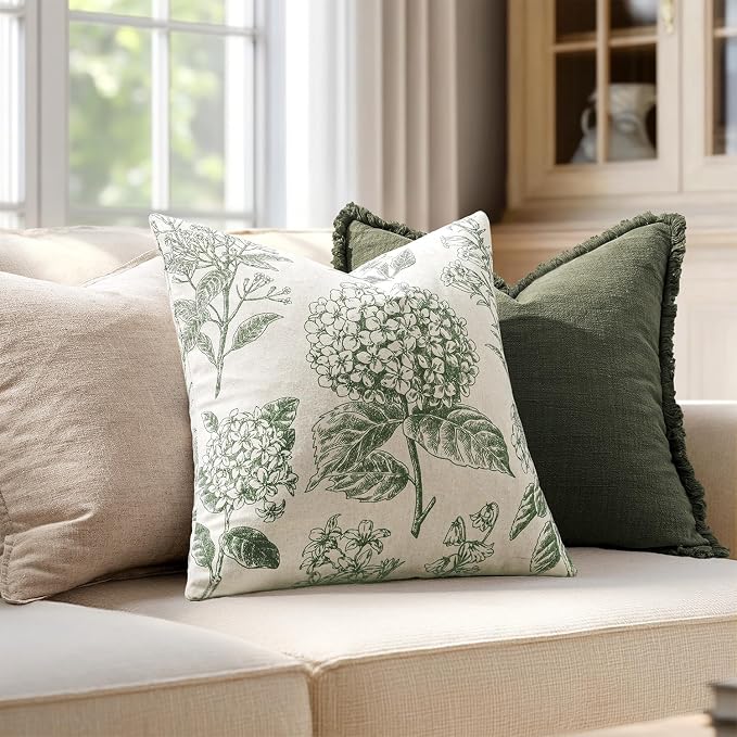 Set of 2 Decorative Floral Pillow Covers 18x18 Inch Dark Green | Neutral - Image 3