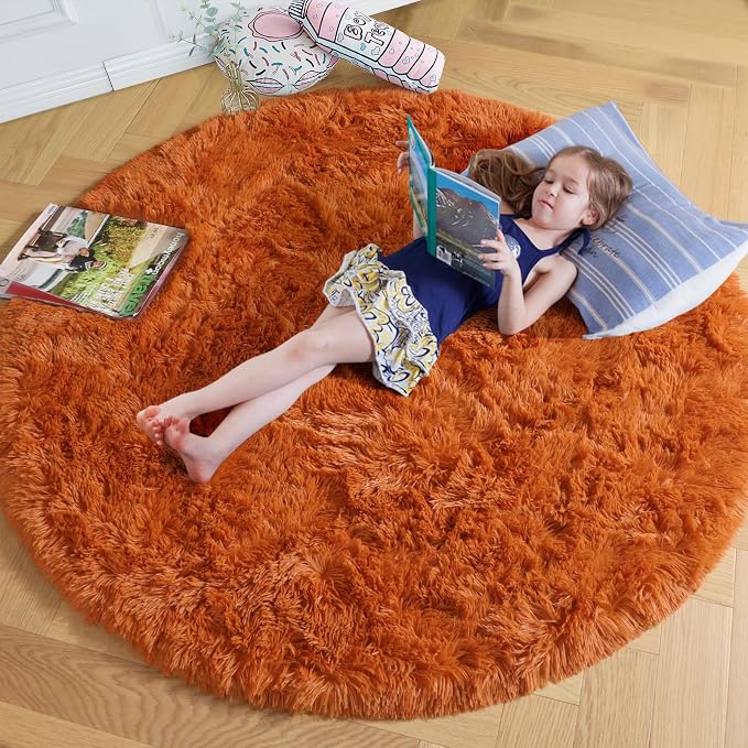 Amdrebio Burnt Orange Round Furry Area Rug 5Ft by Amdrebio