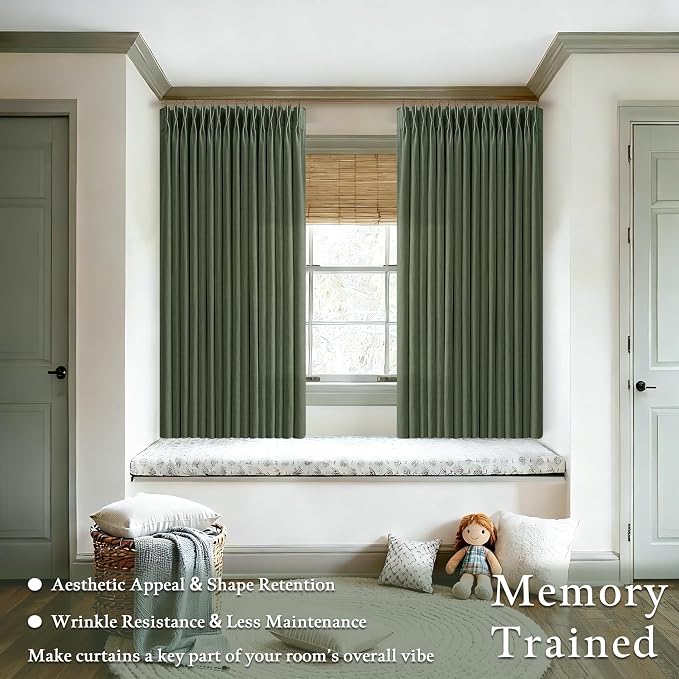 72 Inch Linen Blend Pleat Green Semi Sheer Curtains - Image 2