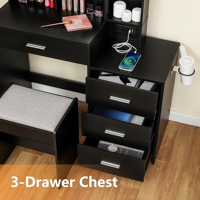 usikey Large Vanity Table Set with Lighted Mirror & Charging Station, Makeup Vanity Dressing Table with 4 Storage Shelves and 4 Drawers, Vanity Desk with 3-Drawer Chest and Cushioned Stool, Black
