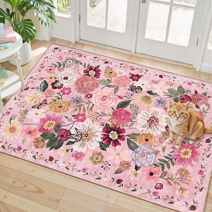 Pink Floral Rug for Entryway 2x3 Area Rug for Bedroom Kitchen | Ultra-Thin; by WelcometoBabovid