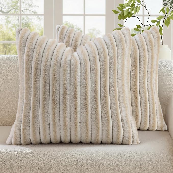 decorUhome Fall Faux Fur Throw Pillow Covers 20x20 Set of 2 Beige White | by decorUhome