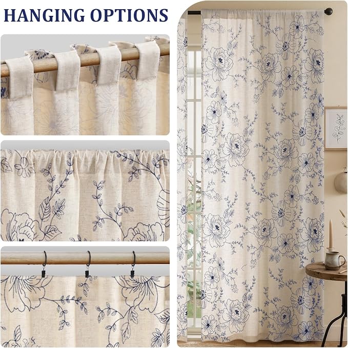 Boho Floral Curtains, Vintage Farmhouse Curtains 84 Inches Long, Dark Blue - Image 5