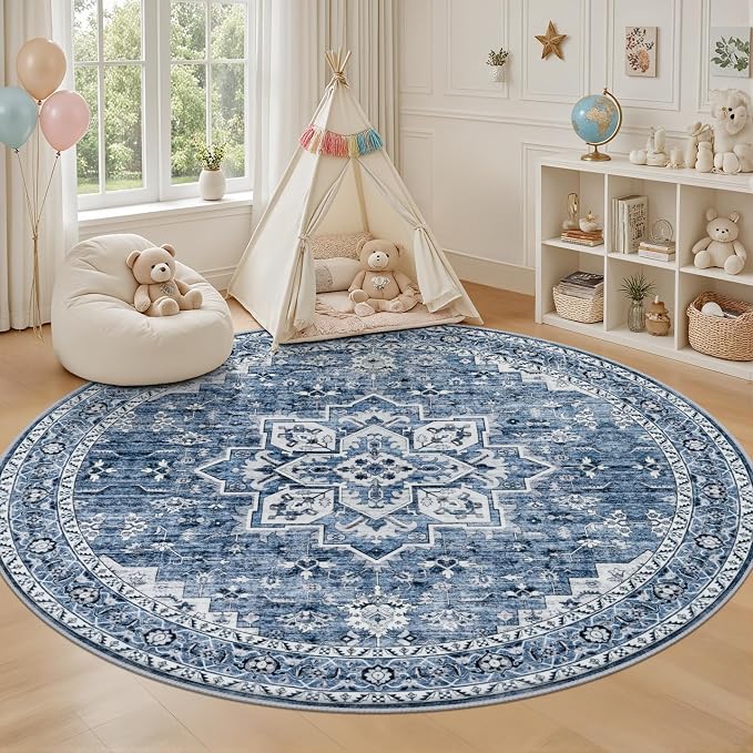 Round Area Rug for Living Room: 6ft Washable Rug for Bedroom Blue | Vintage - Image 5