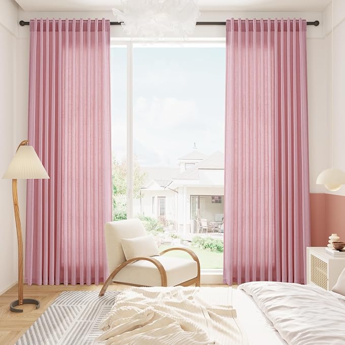 Rose Linen Curtains 90 Inch Long 2 Panels Set Back Tab Rod Pocket Semi Sheer - Image 8