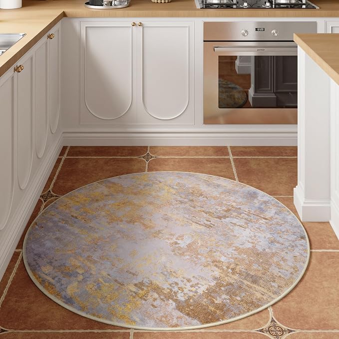 Beige Gold Round Area Rugs 4ft Washable Circle Rug - Image 6