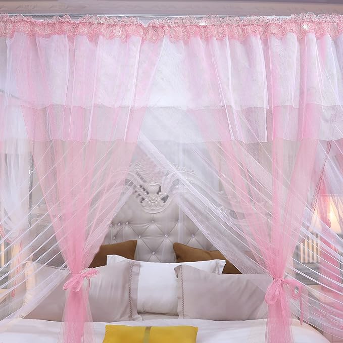 Joyreap Luxury 4 Corners Post Canopy Bed Curtains - Pink & White Cozy Drape Netting - Cute Princess Style Bedroom Decoration Accessories (86" W x 78" L, King)