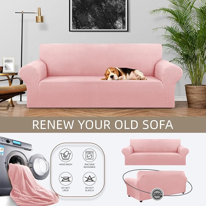 Stretch Couch Covers for Sofa, 3 Cushion Couch Slipcover, Dusty Pink | 1-Piece - Image 3