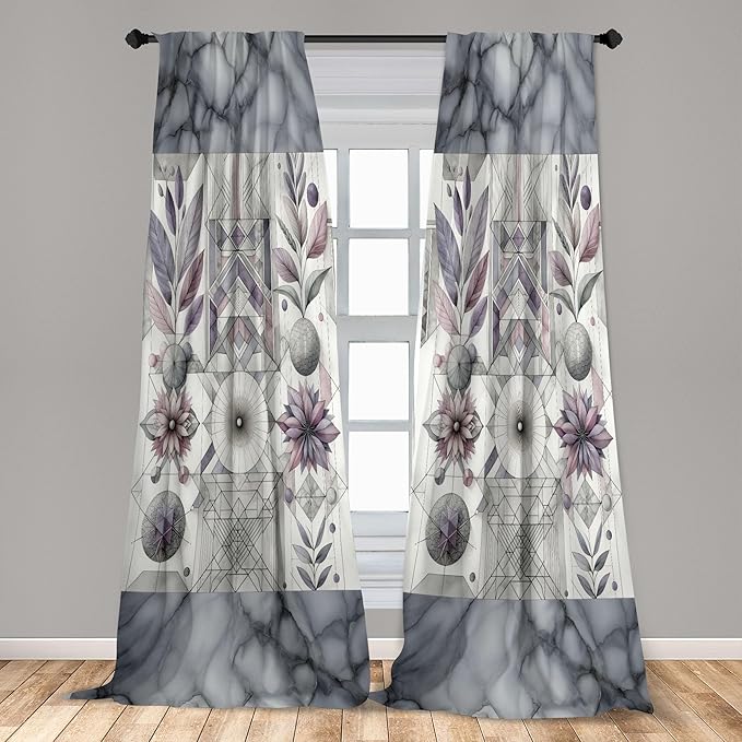 Ambesonne Geometric Floral Window Curtains Pack of 2, Classic Marble Print Ornate Leafy Flowers and Futurist Stripes, Lightweight Set with Rod Pocket, 4 Panels of - 28" x 95", Ceil Blue Laurel Green